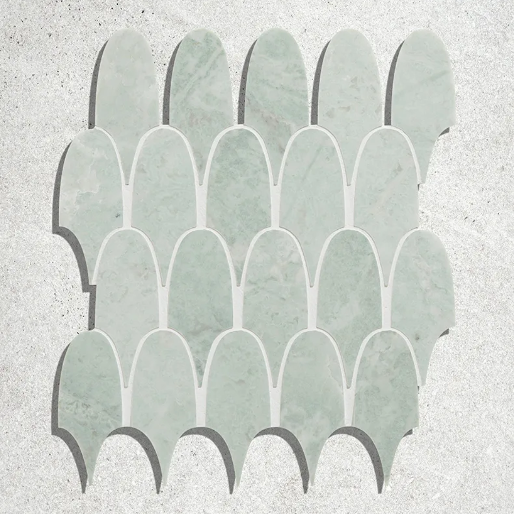 Mozaika marmurowa zielono biala luski piorka flamingo marble mosaic marmor mramor fliesten steinmosaic