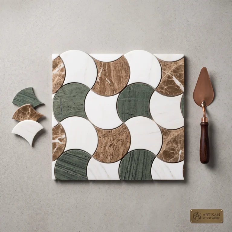 Mozaika marmurowa Vistula Fan Gorseciki marble mosaic scallops Mia Urbo Stone