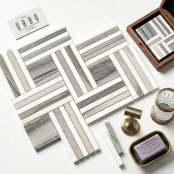 Mozaika marmurowa geometryczna jasna bezowa do wnetrz premium - luxury Marble mosaic Warsaw