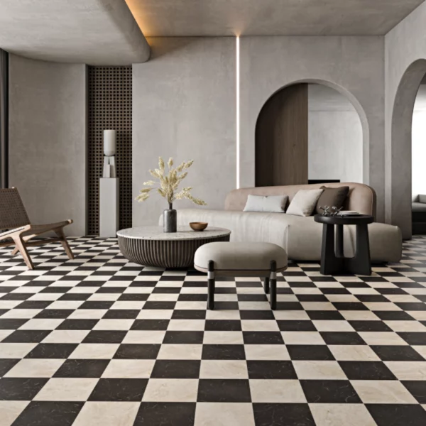 Mia Urbo marmur plytka kamienna checker szachownica czarno kremowa matowa antykowana polerowna bebnowana fliesen marmor mramor kamien antik