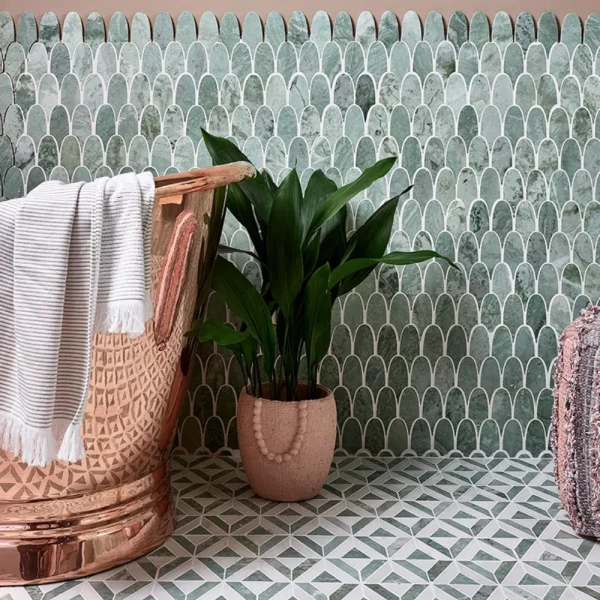 Mozaika marmurowa zielono biala luski piorka flamingo marble mosaic marmor mramor fliesten steinmosaic